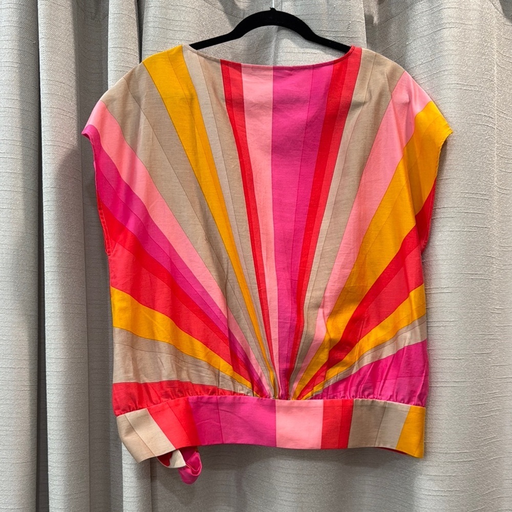 Trina Turk 100% Cotton Pink Yellow Beige side Tie Front Blouse Size L - Picture 4 of 8